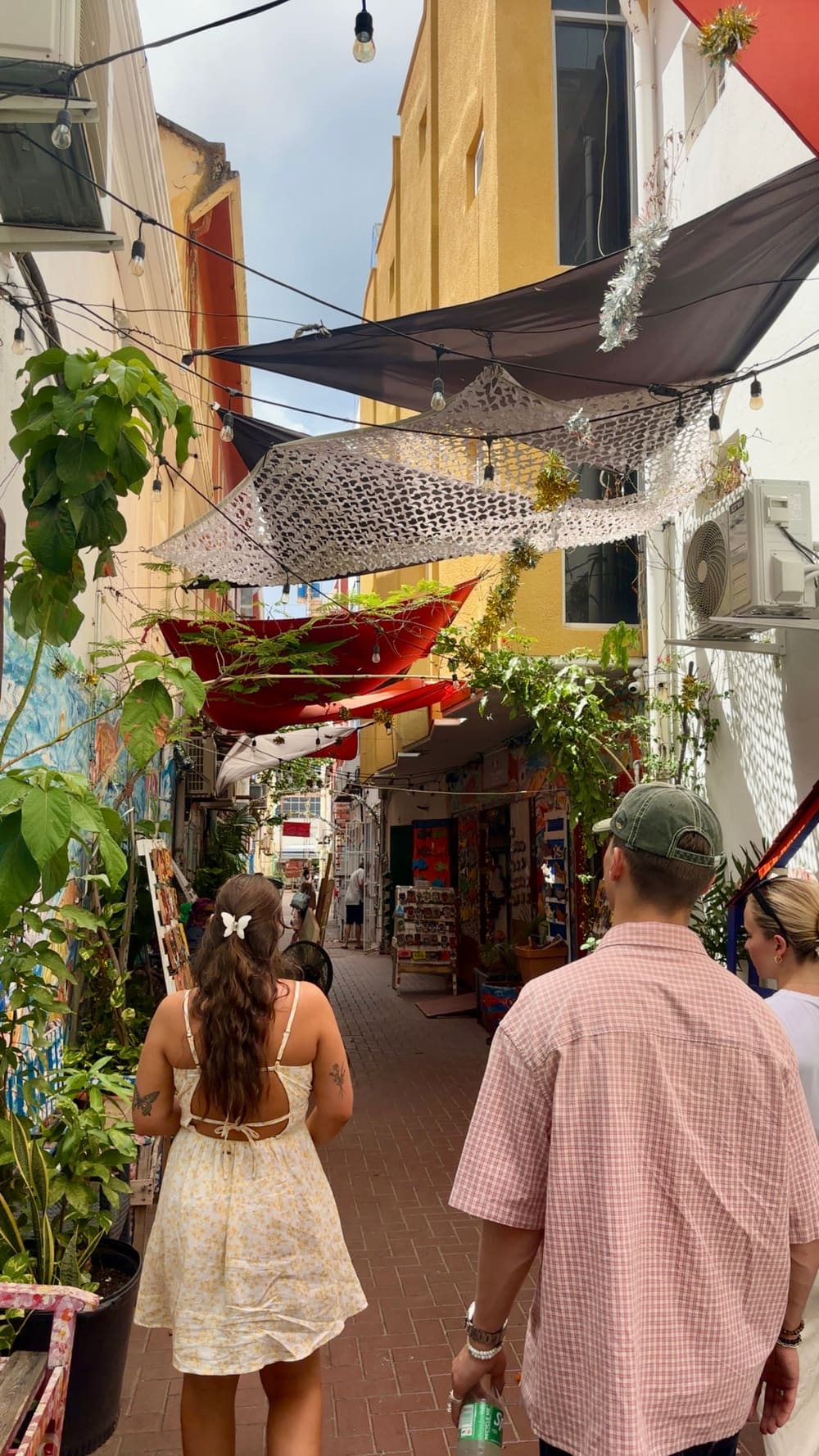 Colourful street lined with shops and greenery